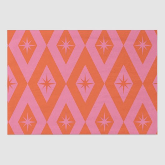 Mid Century Starbursts op Roze Sinaasappel Diamond Tissuepapier (Voorkant)