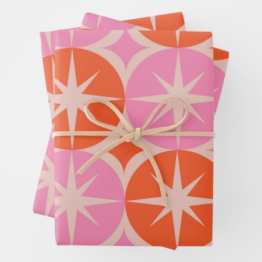 Mid Century Starbursts op roze Sinaasappels cirkel Inpakpapier Vel (In situ)
