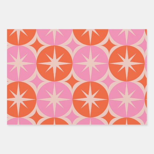 Mid Century Starbursts op roze Sinaasappels cirkel Inpakpapier Vel (Voorkant)