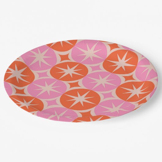 Mid Century Starbursts op roze Sinaasappels cirkel Papieren Bordje (Gekanteld)