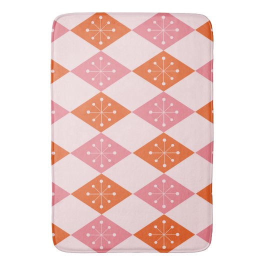 Mid Century Starbursts op Sinaasappel Pink Diamond Badmat (Voorkant Verticaal)