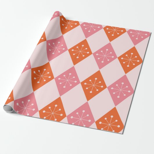 Mid Century Starbursts op Sinaasappel Pink Diamond Cadeaupapier (Uitgerold)