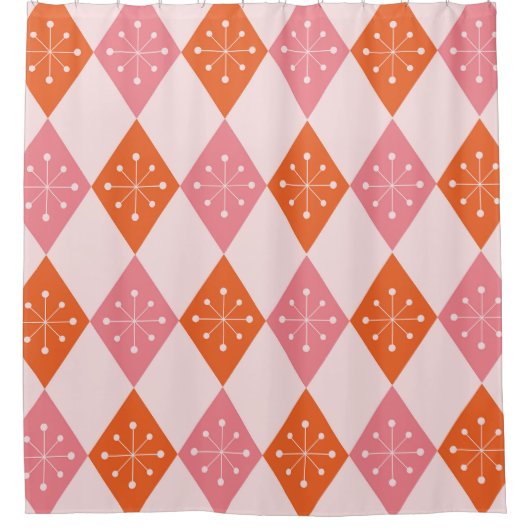 Mid Century Starbursts op Sinaasappel Pink Diamond Douchegordijn (Voorkant)