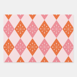 Mid Century Starbursts op Sinaasappel Pink Diamond Inpakpapier Vel