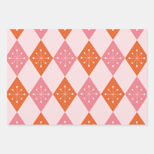 Mid Century Starbursts op Sinaasappel Pink Diamond Inpakpapier Vel (Voorkant)