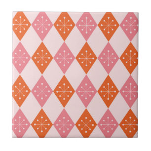 Mid Century Starbursts op Sinaasappel Pink Diamond Tegeltje