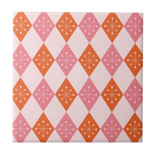 Mid Century Starbursts op Sinaasappel Pink Diamond Tegeltje (Voorkant)