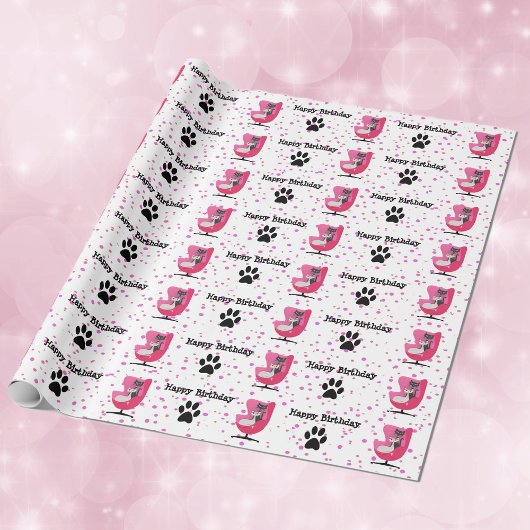 Mid Century Style Verjaardag Katten Roze Stoel Dot Cadeaupapier