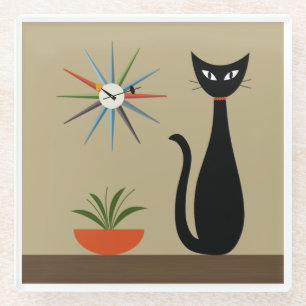 Mid Century tafelblad kat met Starburst klok Glazen Onderzetter