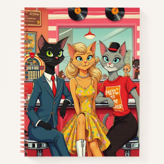 Mid Century Teenage Cats in een Diner Journal Notitieboek (Voorkant)