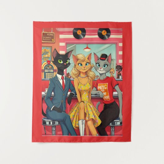 Mid Century Teenage Katten In Een Diner Wandkleed (Voorkant)