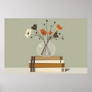 Mid Century Vaas met Wilde Bloemen Boeken Stilleve Poster