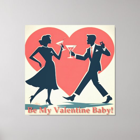 Mid Century Valentijn Hip Martini Dancing Paar Canvas Afdruk (Voorkant)