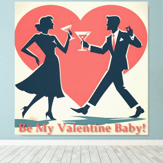 Mid Century Valentijn Hip Martini Dancing Paar Canvas Afdruk (Insitu (Houten vloer))