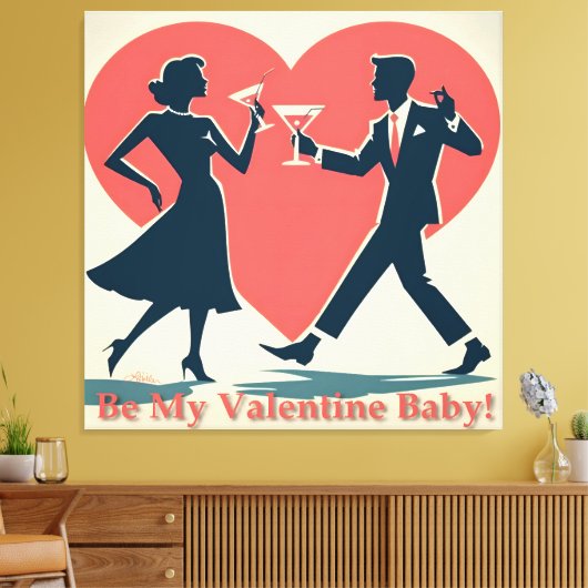 Mid Century Valentijn Hip Martini Dancing Paar Canvas Afdruk (Insitu (Woonkamer))