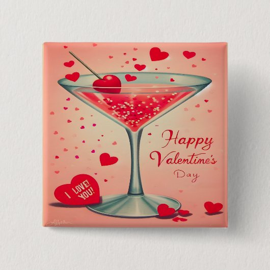 Mid Century Valentine Martini cocktail Vierkante Button 5,1 Cm (Voorkant)
