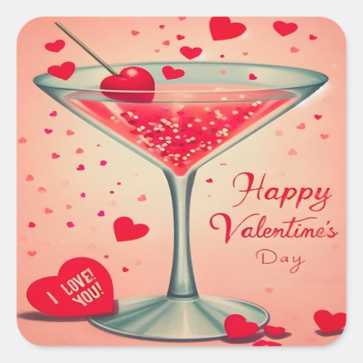 Mid Century Valentine Martini cocktail Vierkante Sticker (Voorkant)