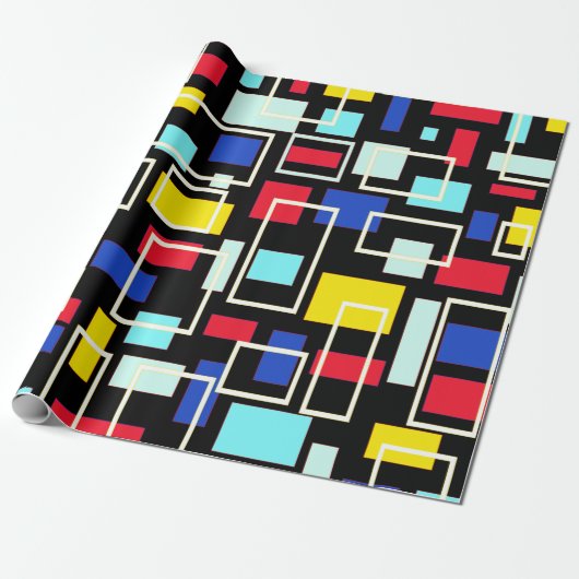 Mid Century Vibe Retro Zwart Rood Blauw Kleurenblo Cadeaupapier (Uitgerold)