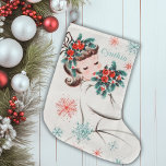 Mid-Century Vintage Christmas Lady gepersonaliseer Grote Kerstsok<br><div class="desc">Maak van deze gepersonaliseerde kerstkous uit het midden van de eeuw een charmante aanvulling op uw vakantiedecor en leg de nostalgische elegantie van een vervlogen tijdperk vast. De kous is gemaakt met aandacht voor detail en heeft een prachtig geïllustreerd afbeelding van een sierlijke dame, die doet denken aan klassieke stijlen...</div>