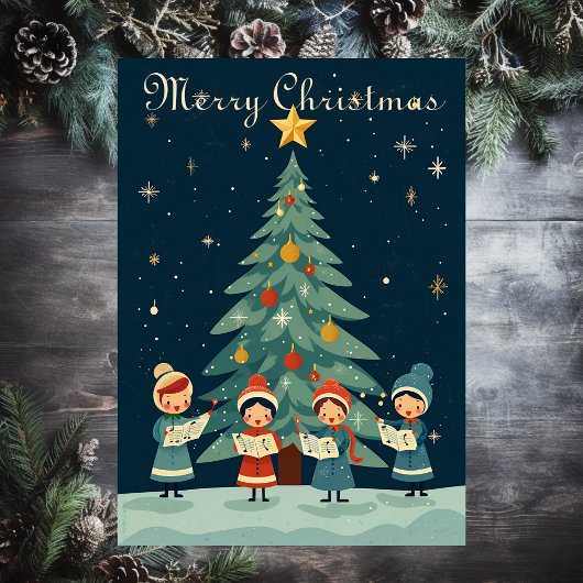 Mid Century Vintage Kerst Carolers Retro Feestdagen Kaart