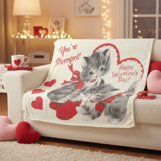 Mid Century You're Purrrfect Valentine Day Kittens Fleece Deken