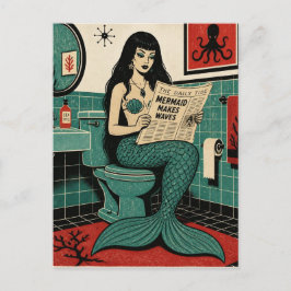 Mid Century Zeemeermin op Toilet Krant Lezend Briefkaart