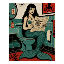 Mid Century Zeemeermin op Toilet Krant Lezend Perfect Poster