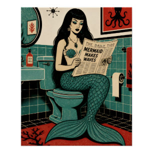 Mid Century Zeemeermin op Toilet Krant Lezend Perfect Poster