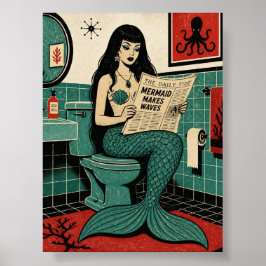 Mid Century Zeemeermin op Toilet Krant Lezend Poster