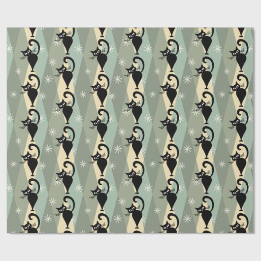 Mid Century zwart kattenpatroon Cadeaupapier (Vlak)