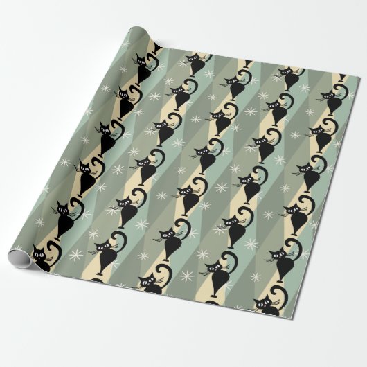 Mid Century zwart kattenpatroon Cadeaupapier (Uitgerold)