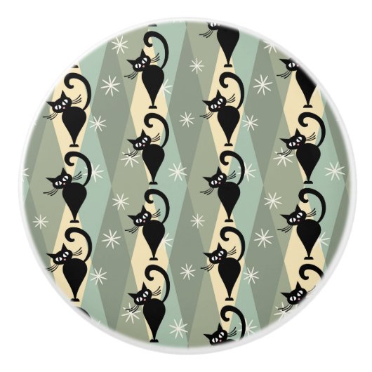 Mid Century zwart kattenpatroon Keramische Knop (Voorkant)