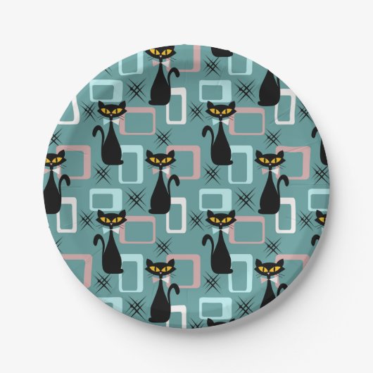 Mid Century zwart kattenpatroon Papieren Bordje (Voorkant)