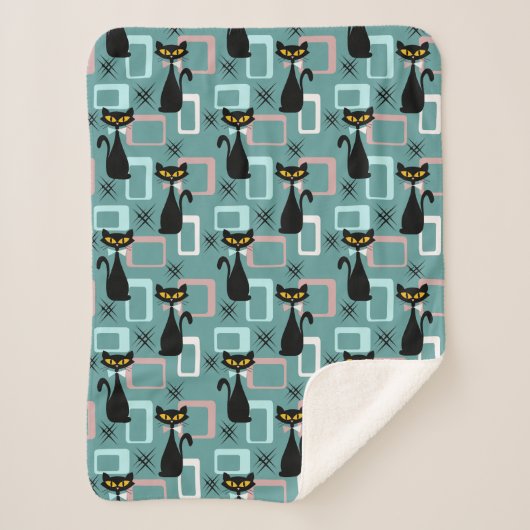 Mid Century zwart kattenpatroon Sherpa Deken (Voorkant)
