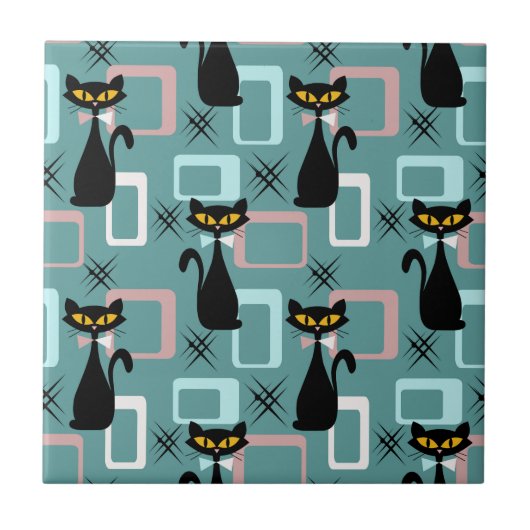 Mid Century zwart kattenpatroon Tegeltje (Voorkant)