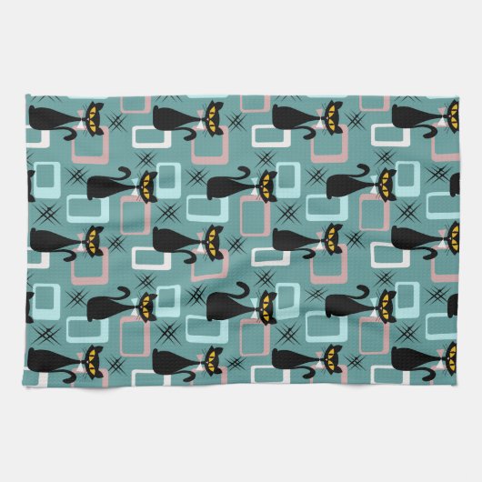 Mid Century zwart kattenpatroon Theedoek (Horizontaal)