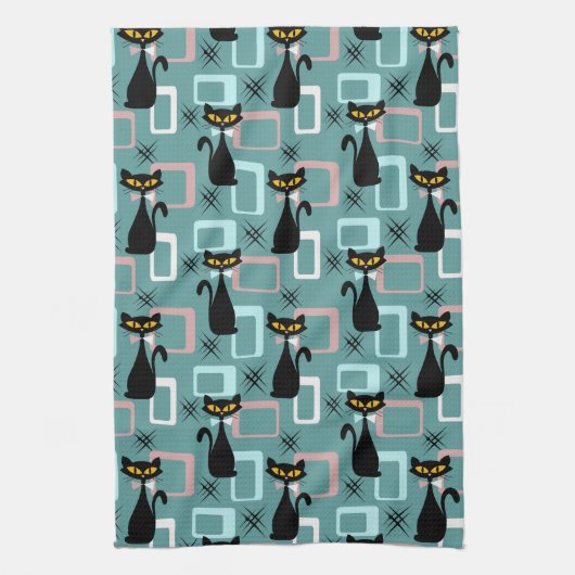 Mid Century zwart kattenpatroon Theedoek (Verticaal)