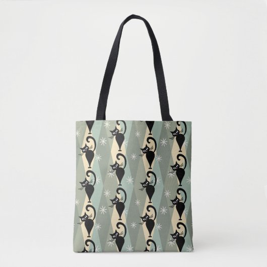 Mid Century zwart kattenpatroon Tote Bag (Voorkant)