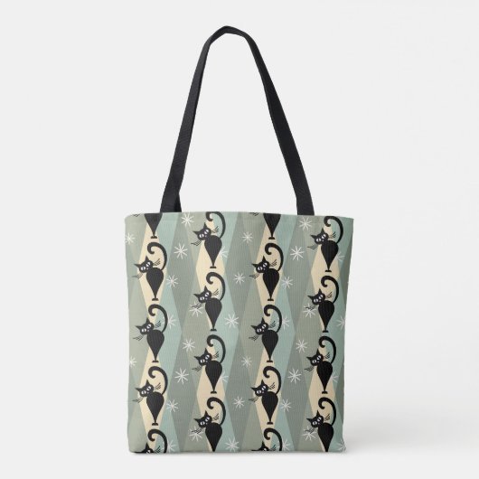 Mid Century zwart kattenpatroon Tote Bag (Achterkant)