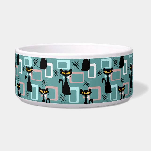 Mid Century zwart kattenpatroon Voerbakje (Voorkant)