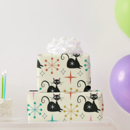 Mid Century Zwarte Atoomkat met Starbursts Cadeaupapier