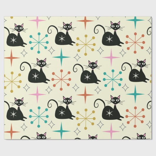 Mid Century Zwarte Atoomkat met Starbursts Cadeaupapier (Vlak)