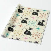 Mid Century Zwarte Atoomkat met Starbursts Cadeaupapier (Uitgerold)