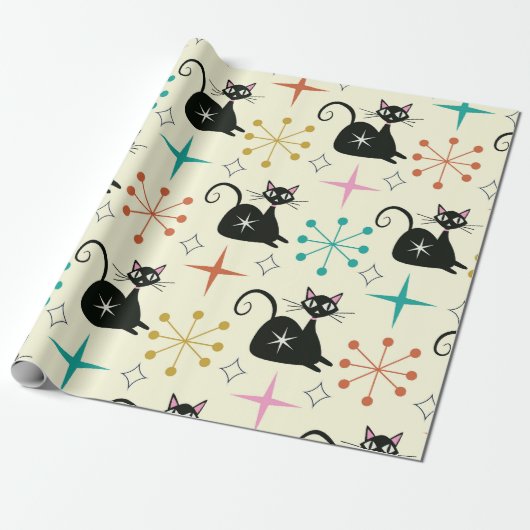 Mid Century Zwarte Atoomkat met Starbursts Cadeaupapier (Uitgerold)