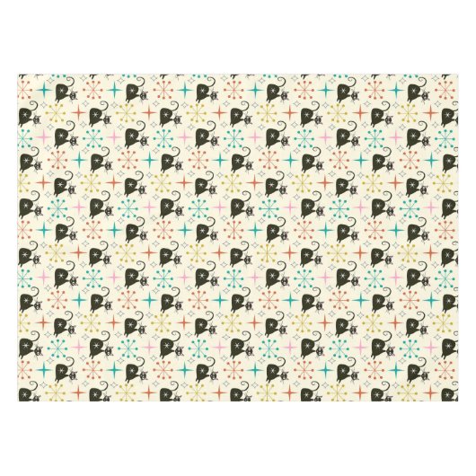 Mid Century Zwarte Atoomkat met Starbursts Tafelkleed (Voorkant (Horizontaal))