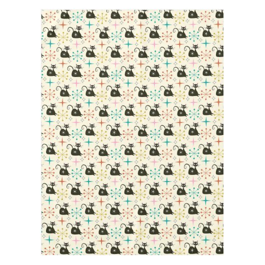 Mid Century Zwarte Atoomkat met Starbursts Tafelkleed (Voorkant)
