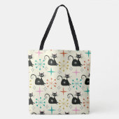 Mid Century Zwarte Atoomkat met Starbursts Tote Bag (Voorkant)