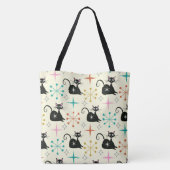 Mid Century Zwarte Atoomkat met Starbursts Tote Bag (Achterkant)
