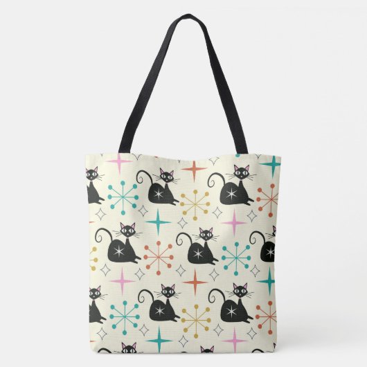Mid Century Zwarte Atoomkat met Starbursts Tote Bag (Achterkant)