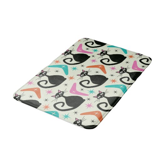 Mid Century Zwarte Atoomkatten met Boomerangs Badmat (Gekanteld)